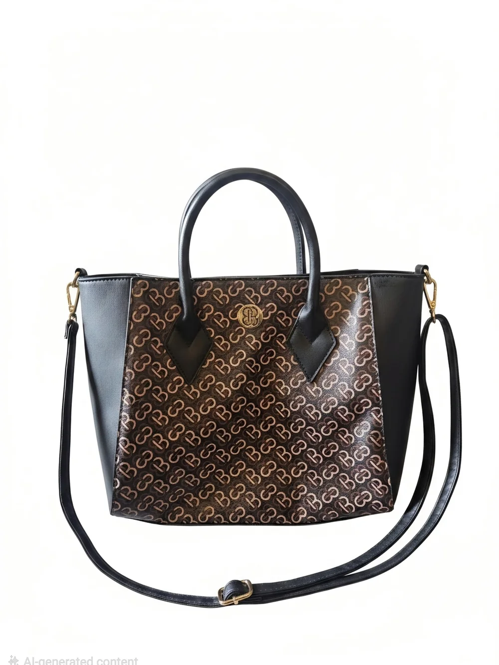 Brown Patterned Satchel with Black Trim and Gold Accent